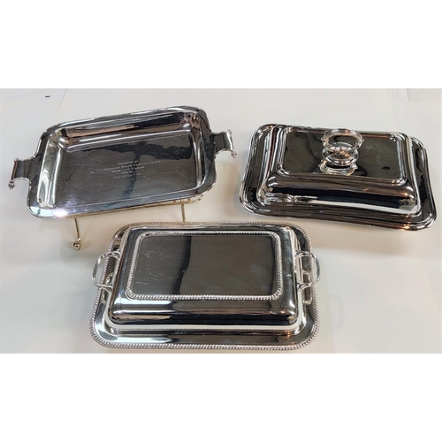 721 - A silver plated rectangular asparagus dish, inscribed; 2 silver plated rectangular entree dishes