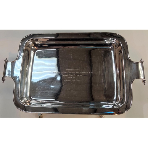 721 - A silver plated rectangular asparagus dish, inscribed; 2 silver plated rectangular entree dishes