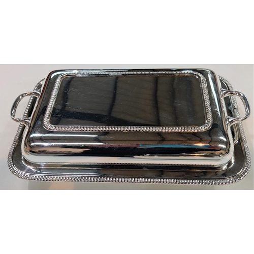 721 - A silver plated rectangular asparagus dish, inscribed; 2 silver plated rectangular entree dishes