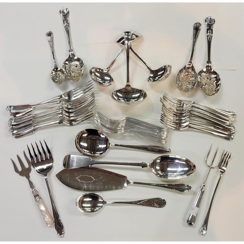 722 - A selection of silver plated cutlery:  a basting spoon; a cased soup ladle; other sauce ladles;... 