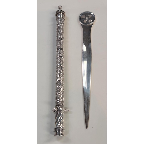 723 - A hallmarked silver meat skewer/letter opener, London circa 1981; a scribe's pen/brush holder of cyl... 