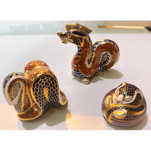 525 - Three Royal Crown Derby animals:  dragon, swan and mouse