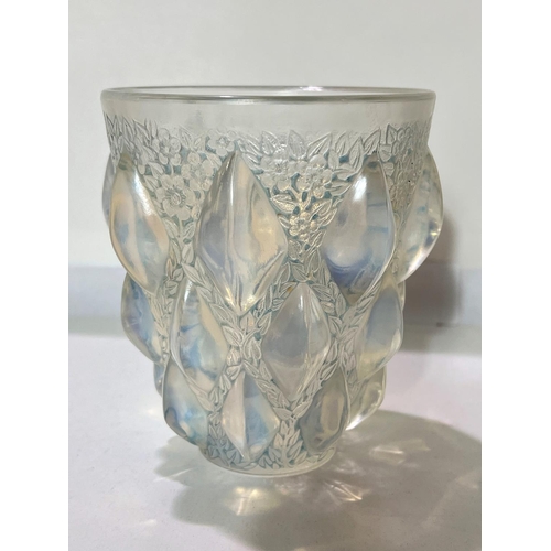 638 - A Rene Lalique Rampillon opalescent blue tapering cylindrical vase with raised diamond shapes and fl... 