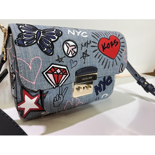 167 - MICHAEL KORS - Sloan Editor embroidered washed blue shoulder crossover graffiti bag, collectable wit... 