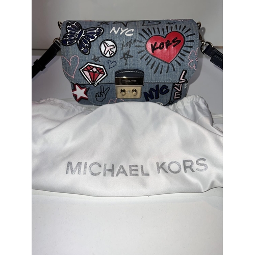 167 - MICHAEL KORS - Sloan Editor embroidered washed blue shoulder crossover graffiti bag, collectable wit... 