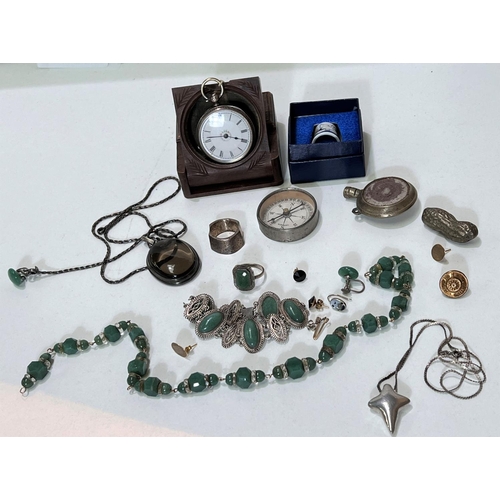 659C - A jade coloured necklace; a silver fob watch; costume jewellery etc