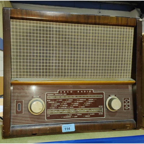 114 - A 1950's Ekco mains radio in walnut case; a 1960's Cossor similar, in plastic case; 78 rpm records