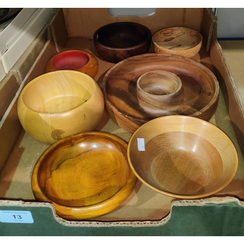 13 - A selection of treen bowls etc and some various pottery