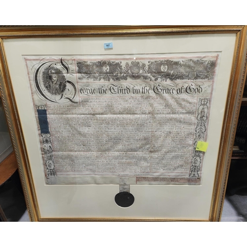 187 - George III circa 1781, a deed on vellum detailing a religious land grant, bearing half length portra... 