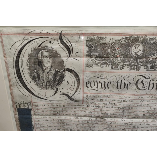 187 - George III circa 1781, a deed on vellum detailing a religious land grant, bearing half length portra... 