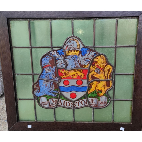 190C - An oak framed stained leaded glass crest of Maidstone 50 x 57cm