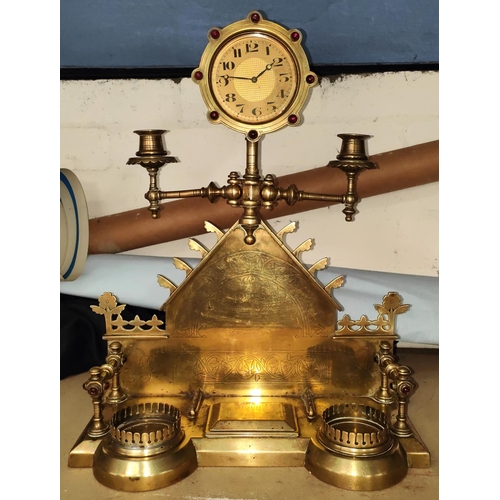 30A - A 19th century Asthetic movement brass mantel clock with twin candelabra to each side, small hinged ... 
