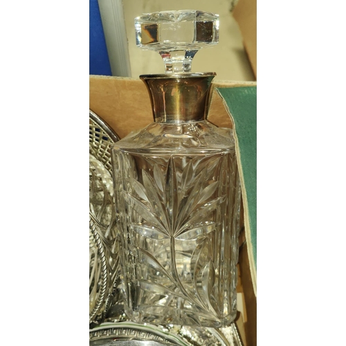 31 - A decanter with hallmarked silver collar; other silver plate and glassware