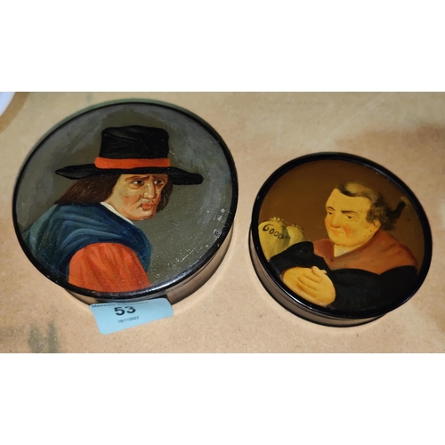 53 - A 19th century continental lacquer patch box with painted portrait of a man in a hat; and another, 9... 