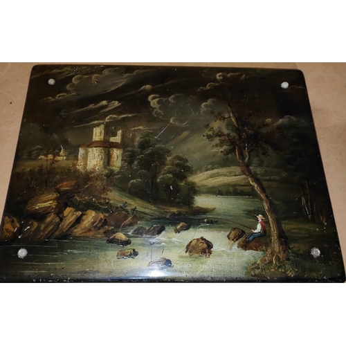 54 - A Victorian lacquer letter case/blotter, landscape scene with fisherman, 24 x 30cm