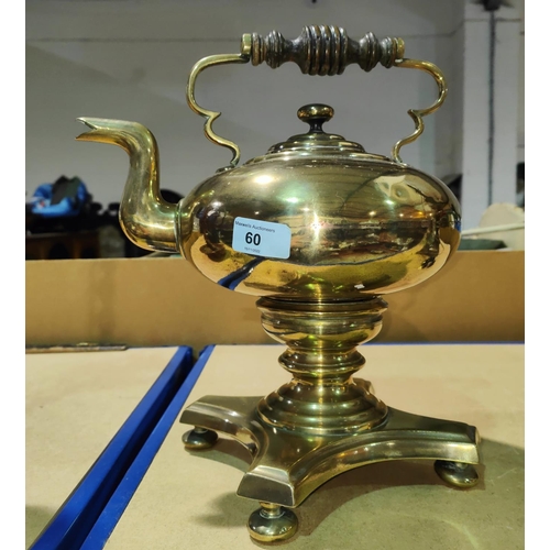 60 - A 19th century large brass kettle on detachable quatrefoil base, turned wood handle, 34cm