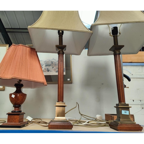 66 - A pair of period style brass and wood table lamps with fluted columns; 2 other table lamps