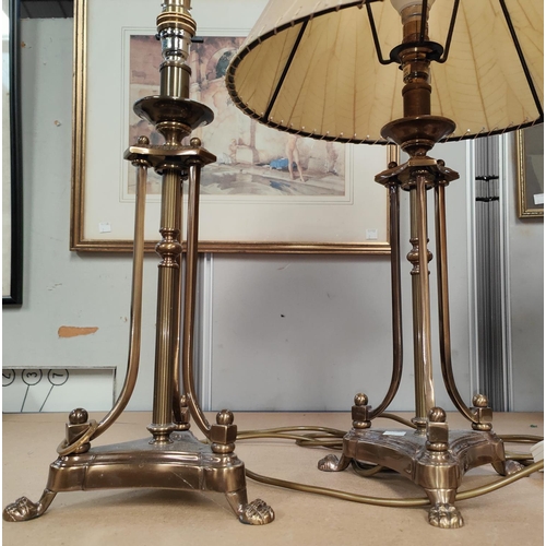 66 - A pair of period style brass and wood table lamps with fluted columns; 2 other table lamps