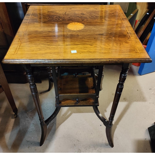 977 - An Edwardian Sheraton square top, two tier, inlaid rosewood occasional table with galleried under ti... 