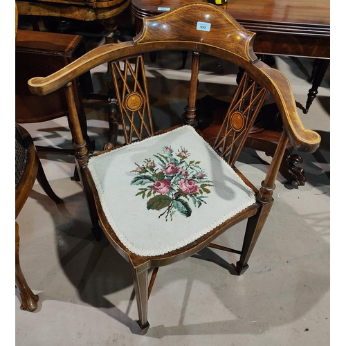 999 - An inlaid corner armchair of mahogany boxwood inlay with art nouveau decorated upright with a tapest... 