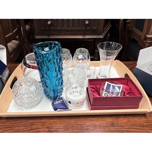 628A - A Whitefriars bark effect triangular vase; 2 brandy glasses; 2 tumblers and a selection of scent bot... 