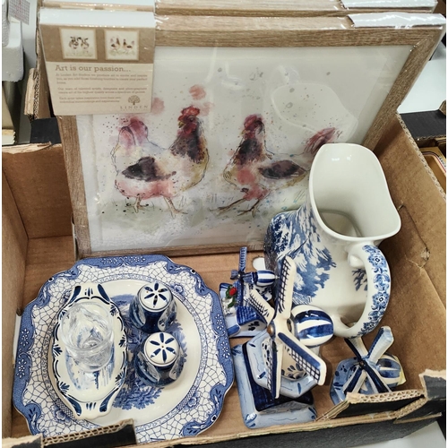 174 - A selection of blue and white Delftware etc and two farmyard prints