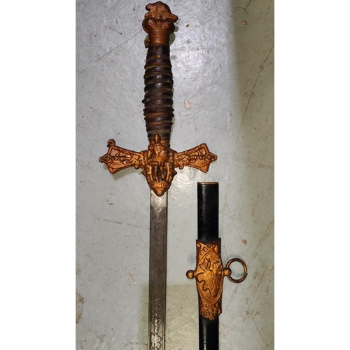 359D - A Canadian Lodge Dress sword with with Knight to the hilt, embossed blade and beaver to the finialNo... 