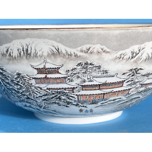 438 - A large Chinese Republic style detailed very fine porcelain hand decorated bowl with snowy mountain ... 