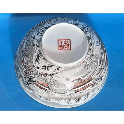 438 - A large Chinese Republic style detailed very fine porcelain hand decorated bowl with snowy mountain ... 