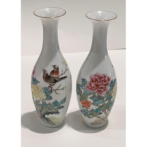 457 - A  pair of Chinese eggshell porcelain Republic period vases with floral decoration and birds on bran... 