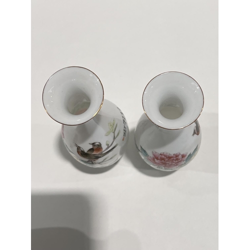 457 - A  pair of Chinese eggshell porcelain Republic period vases with floral decoration and birds on bran... 