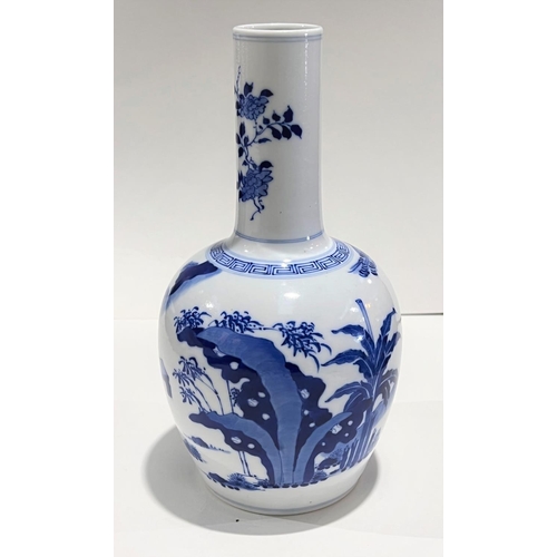 469 - A Chinese blue and white vase with bulbous body and slender neck with traditional scene decoration a... 