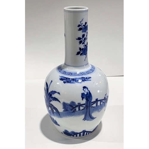 469 - A Chinese blue and white vase with bulbous body and slender neck with traditional scene decoration a... 