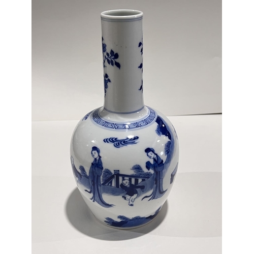 469 - A Chinese blue and white vase with bulbous body and slender neck with traditional scene decoration a... 