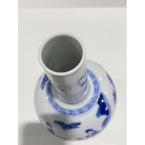 469 - A Chinese blue and white vase with bulbous body and slender neck with traditional scene decoration a... 