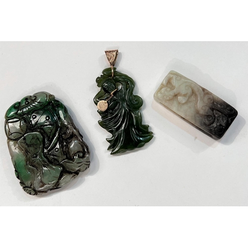 498 - Three Chinese jade coloured hard stone items: One carved belt loop and two pendants, one mounted in ... 