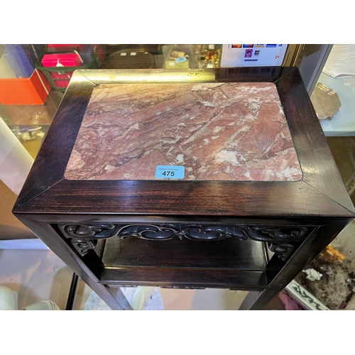 475 - A 19th century Chinese banded hardwood side table with inset marble rectangular top, lower tier and ... 