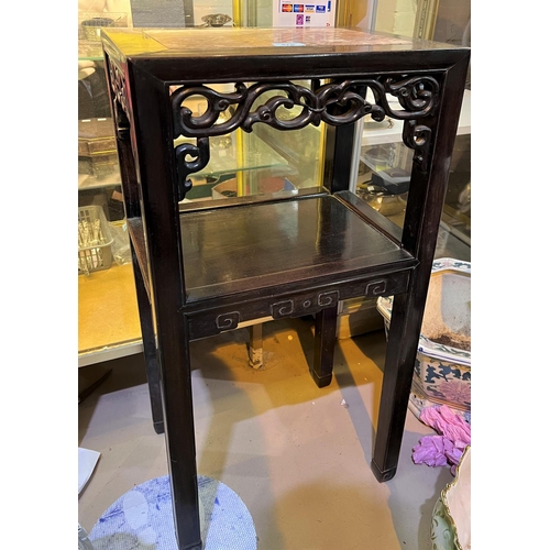 475 - A 19th century Chinese banded hardwood side table with inset marble rectangular top, lower tier and ... 