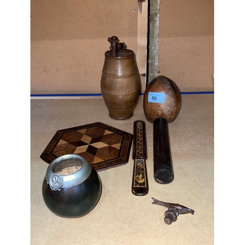 55 - A turned and polished wood spirit barrel with bird finial, overall length 18cm; 2 pieces of Tunbridg... 