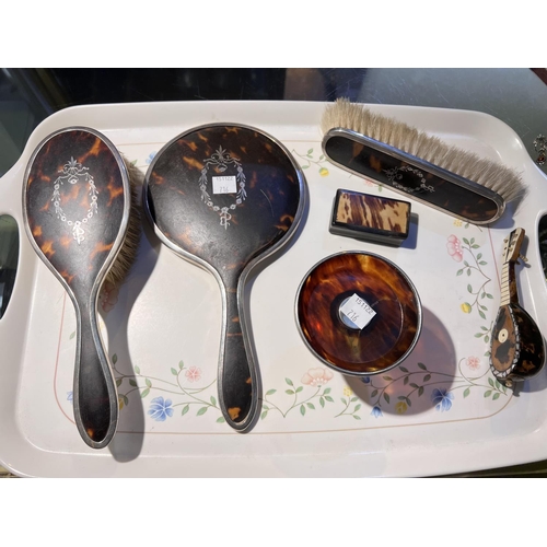 716 - A 3 piece silver and tortoiseshell dressing table set, a similar ring stand, 2 other pieces