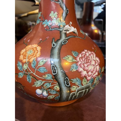 491 - A Chinese large red glazed vase decorated with polychrome chrysanthemums, birds, etc, with seal mark... 