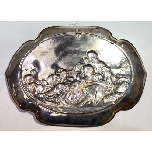 748 - An early 20th century WMF style dish with shaped border, decorated with shepherdess in relief, stamp... 