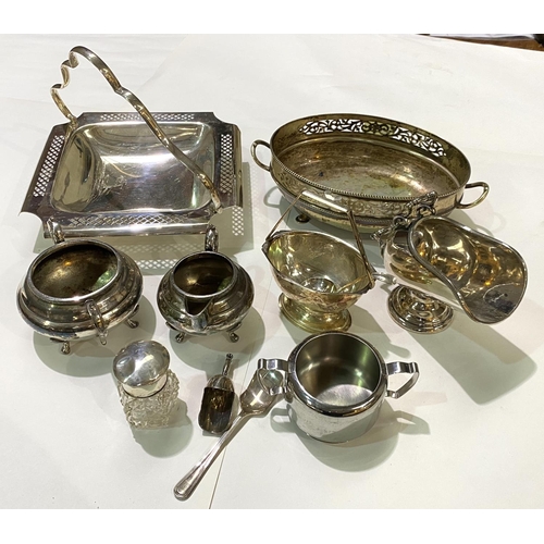 593 - A selection of silver/silver plate:  cut glass bottles with silver tops; etc.