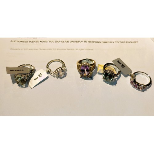 792 - 5 fancy hallmarked silver dress rings to include quartz and white zircon; 2 x Rose amethyst; 2 x Pra... 