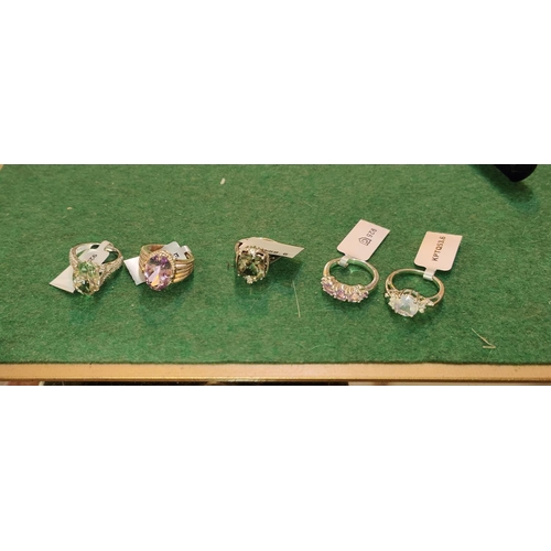 792 - 5 fancy hallmarked silver dress rings to include quartz and white zircon; 2 x Rose amethyst; 2 x Pra... 