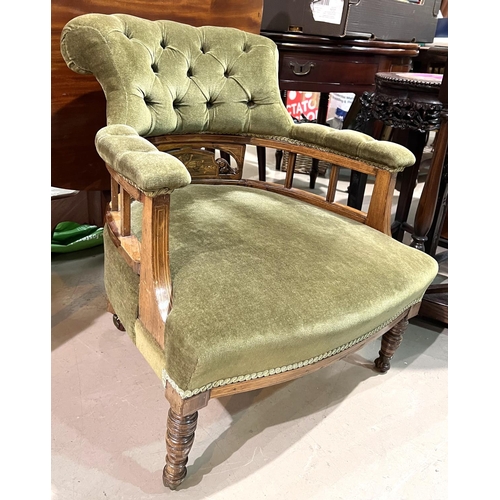 956 - Edwardian Sheraton style inlaid mahogany tub shaped armchair with deep buttoned green Dralon on turn... 