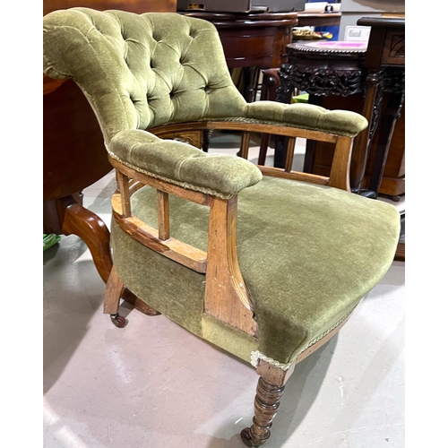 956 - Edwardian Sheraton style inlaid mahogany tub shaped armchair with deep buttoned green Dralon on turn... 