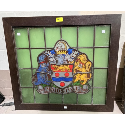 67 - An oak framed stained leaded glass crest of Maidstone 50 x 57cm