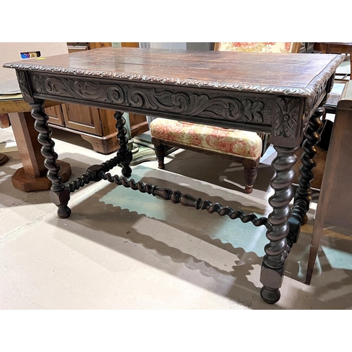 1026 - A carved oak plank top library/desk table with barley twist legs and supports, single drawer, natura... 