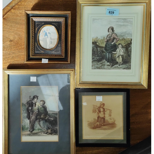 845A - Three 19th century prints of children; a miniature print of a young sailor, all framed and glazed.